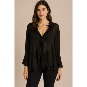 Jaipur Black Sheer Ruffle Tie-Front Blouse | Romantic Goth Boho Top | Size XL